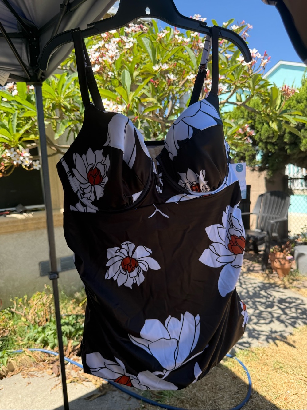 Lane Bryant Black Two-Piece Swimsuit with White and Red Floral Accents